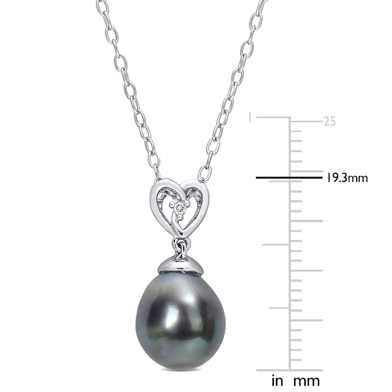 Miadora 8-9mm Black Tahitian Cultured Pearl and White Topaz Heart Drop Sterling Silver