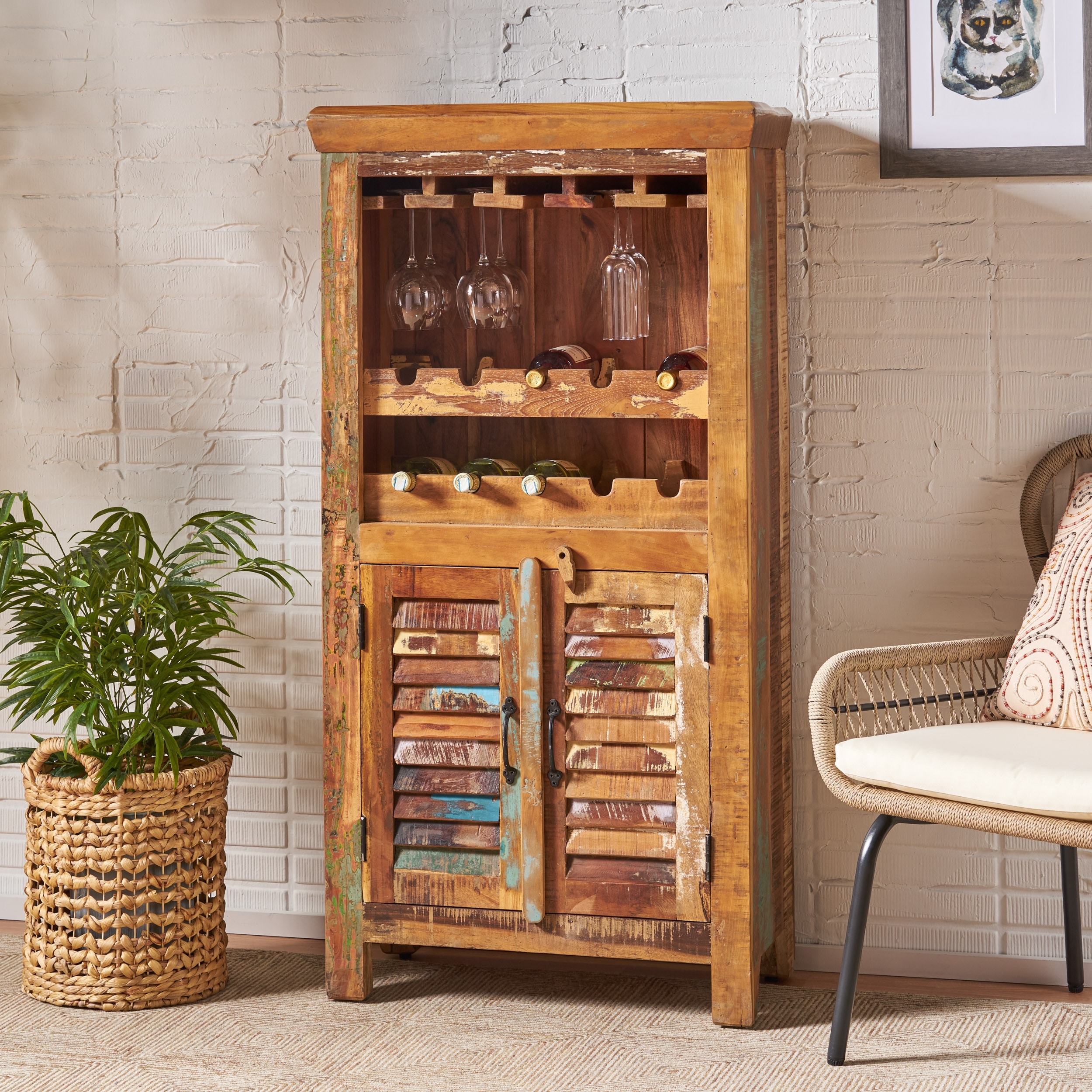 Distressed wood outlet bar cabinet