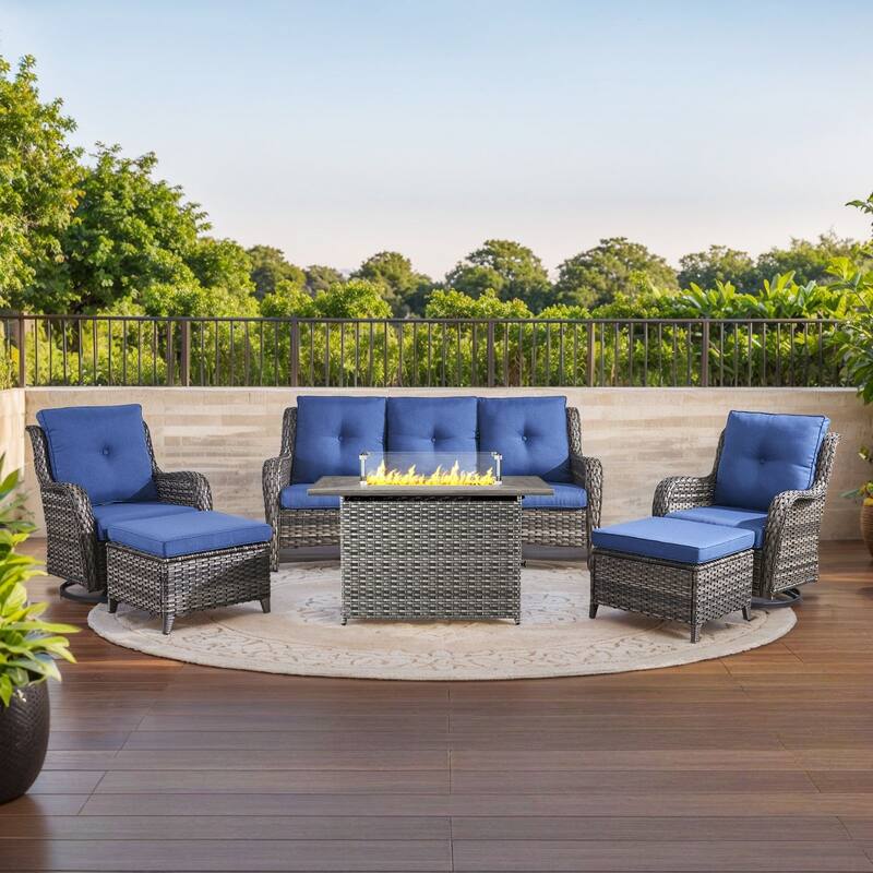 Fire Pit Table with Glider Chairs Sofa Chairs Grey-Blue - Grey - Grey - Blue