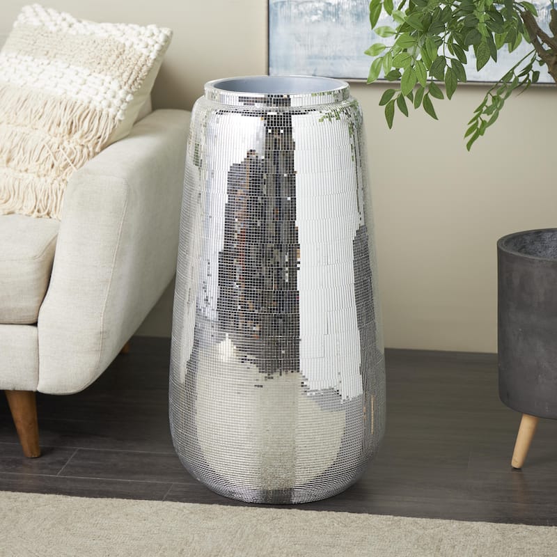 Fiberglass Mosaic Floor Decorative Vase with Blue Interior - Silver - Roche River Decor