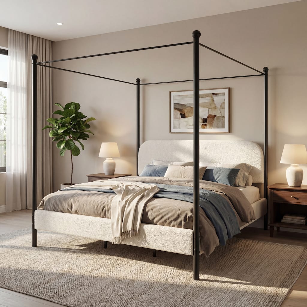 Christopher Knight Home - Arden Contemporary Boucle Upholstered Canopy Bed Frame with Curved Headboard and Iron Legs