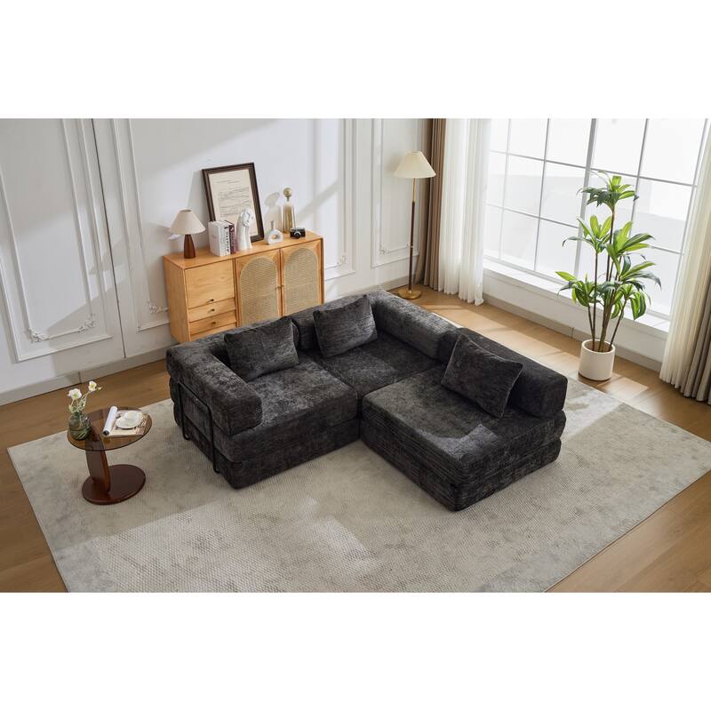 Chenille Fabric Compression Sofa, Boneless Modular Sectional Sofa, Convertible Floor Sofa Bed with Fixed-Shape Frame
