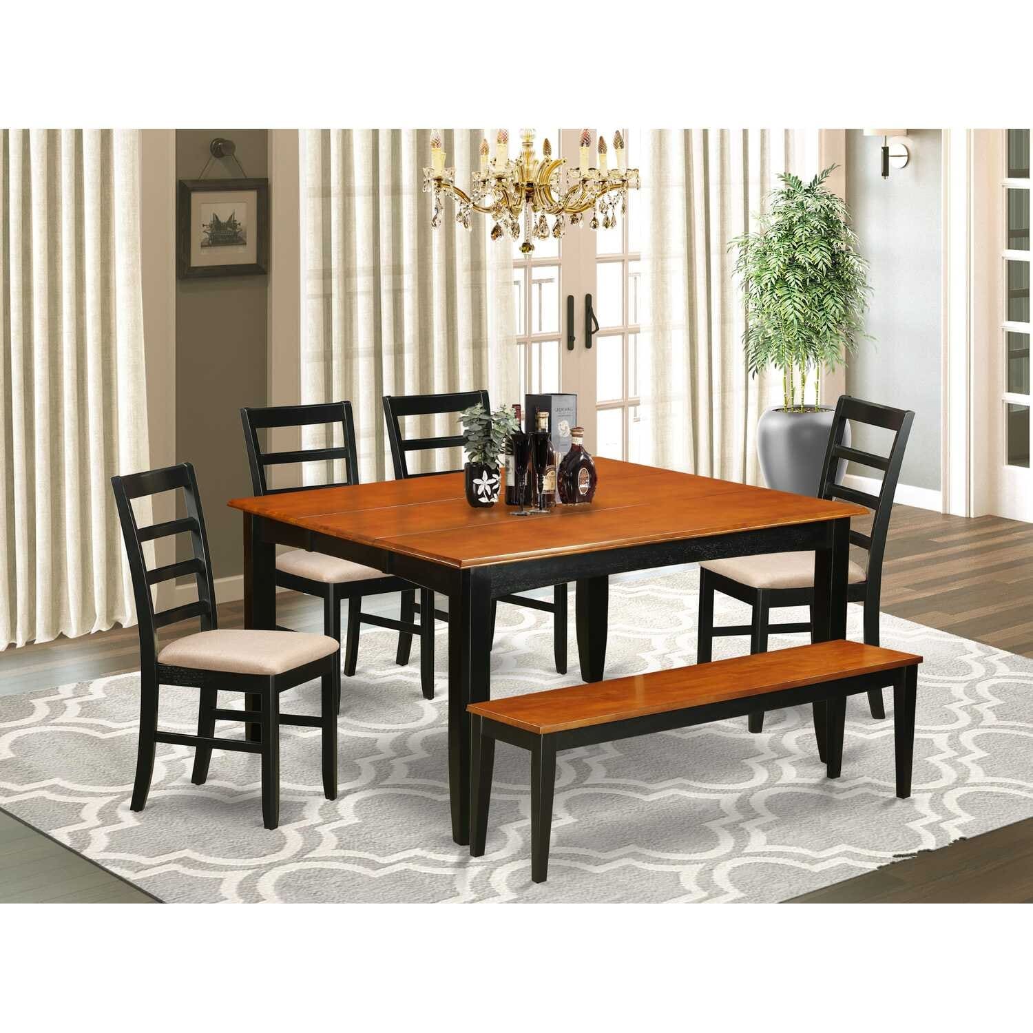 HomeStock 6-Piece Rectangle Black Finish Solid Wood Top Dining Table with 1 Bench, 4 Chairs