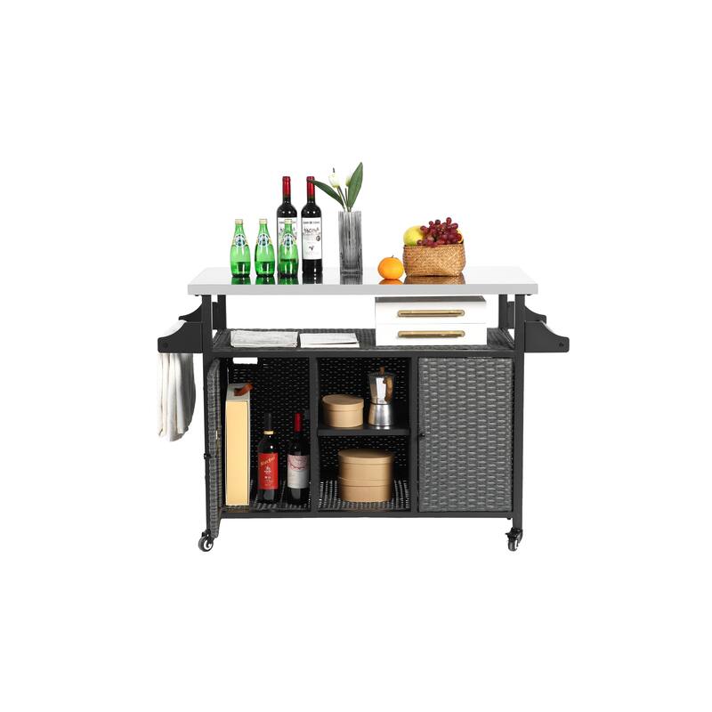 Large bar cart,Outdoor Kitchen Wicker Island Rolling Cart & Storage Cabinet, Wheels and Stainless Steel Extended Table Top