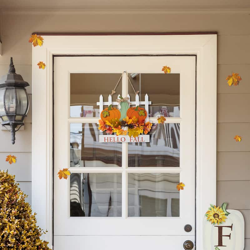 Glitzhome 15"D Hello Fall Wooden Pumpkins Word Sign with Floral Door Hanger