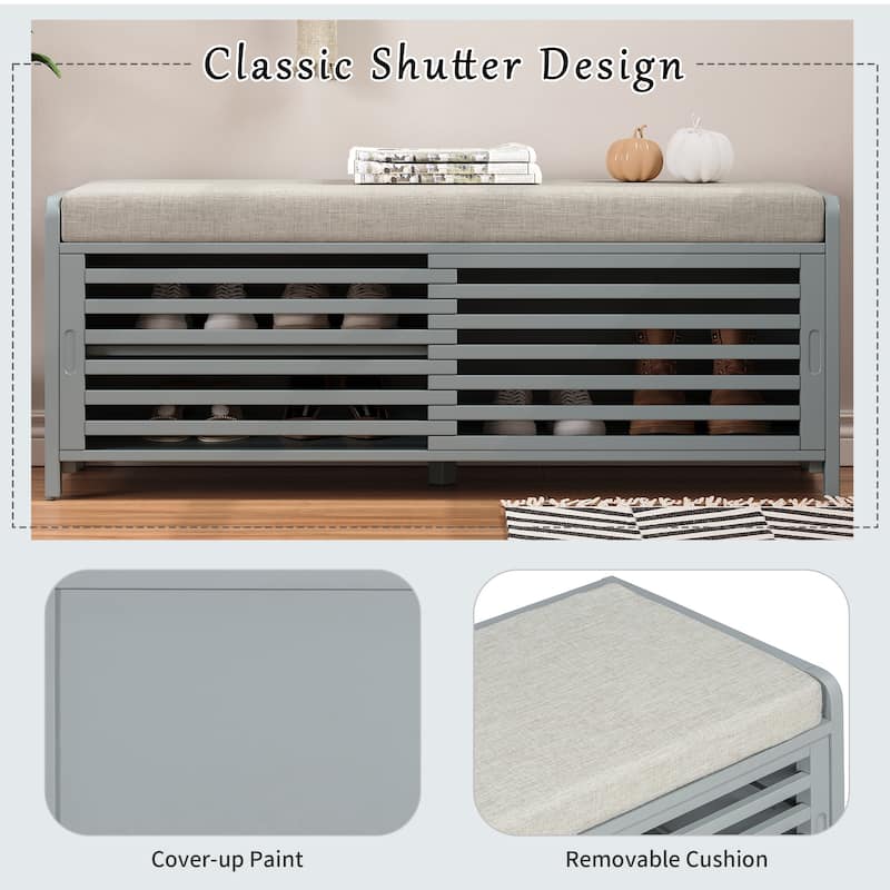 Distressed Shutter Shoe Bench with Cushion, Entryway Storage Bench with Sliding Door & Shelves, 43.3" Wide