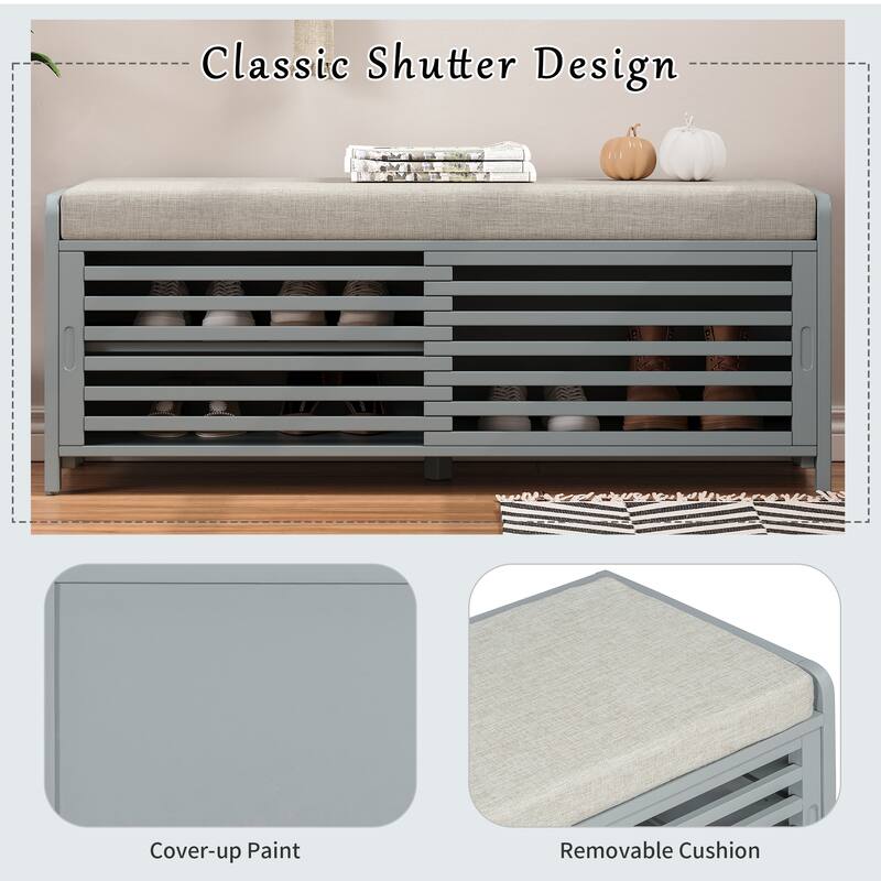 Entryway Bench Storage Shoe Bench w/ Cushion & Sliding Door, Shoe Cabinet Organizer for Living Room, 15.4" W x 43.3" D x 16.5" H