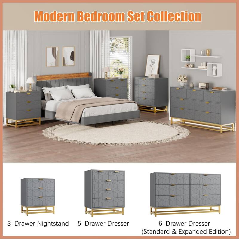 6 Drawer Dresser, with Gold Handles, for TV Stand & Closet