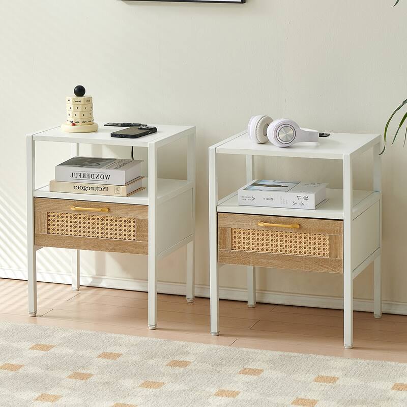 Rattan 1 drawer Nightstand with Power Outlet and USB Ports - White-Set of 2