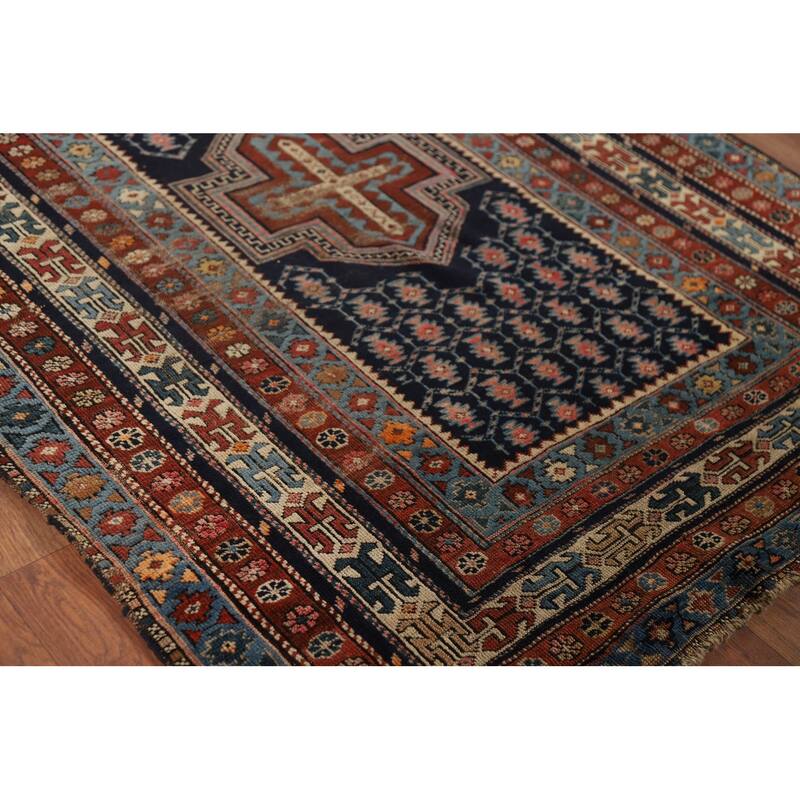 Pre-1900 Antique Kazak Vegetable Dye Foyer Rug Handmade Wool Carpet - 3'10" x 5'5"