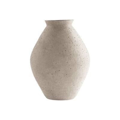 Dale 17 Inch Round Polyresin Vase, Tightly Ribbed Texture, Antique Beige