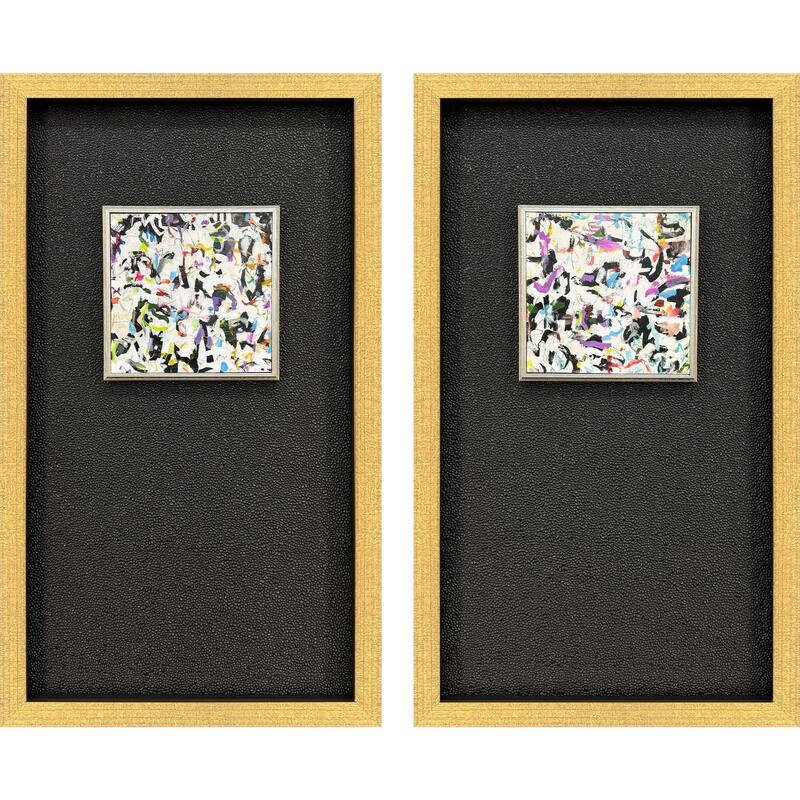 HomeRoots Set Of Two Multi Color Modern Abstract Gold Framed Wall Art