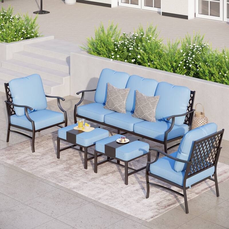 MAISON ARTS 4/5-Piece Patio Conversation Sets, Sofa Set with 2 xSingle Sofa Chairs, 1 x 3-seater Sofa and Coffee Table/Ottomans - Set 4 - Baby Blue