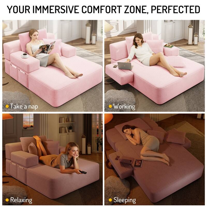 Luxurious Plush Corduroy Chaise Lounge Convertible Sofa Bed with Storage Pocket and Wide Armrests