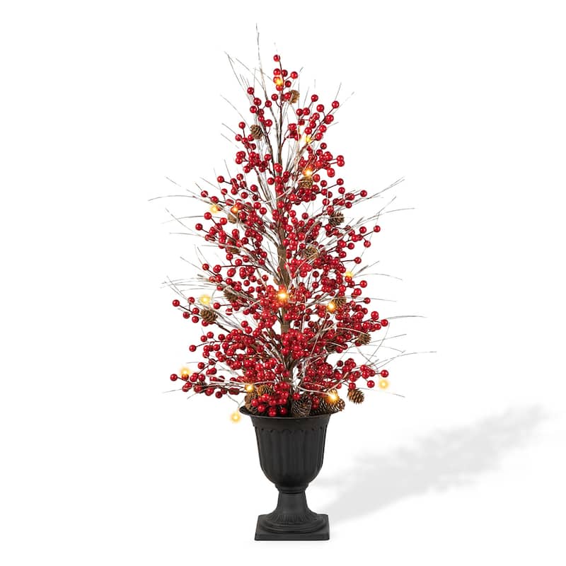 Glitzhome 3ft Christmas Lighted Berry Pine Cone Urn Porch Tree With Timer