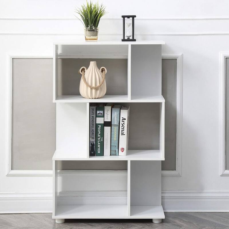 Modern Staggered 3-Shelf Manor Bookcase, White