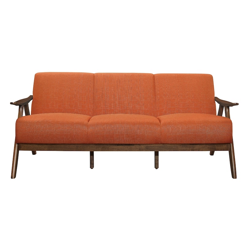 Indy 73 Inch Sofa, Brown Wood Angled Frame, Cozy Textured Orange Fabric