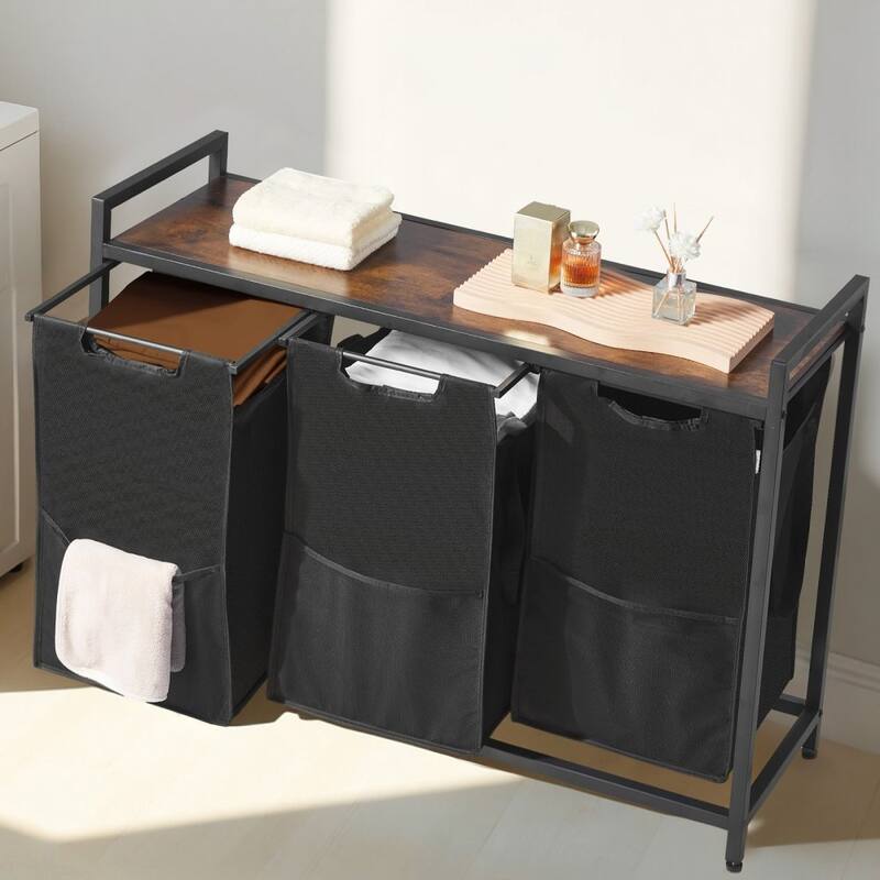 36.5 Gallon Black 3-Bag Laundry Hamper Sorter with Sturdy Steel Frame and Wooden Tabletop - 38.58 x 12.99 x 27.95 in