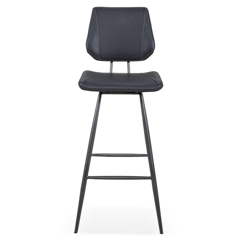 Leather Upholstered and Metal Bar Height Stool, Stitch Details, Set of 2, Black