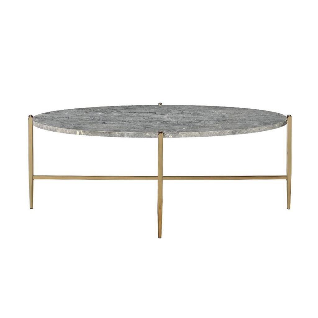 Round Faux Marble Coffee Table with Metal Base in Champagne