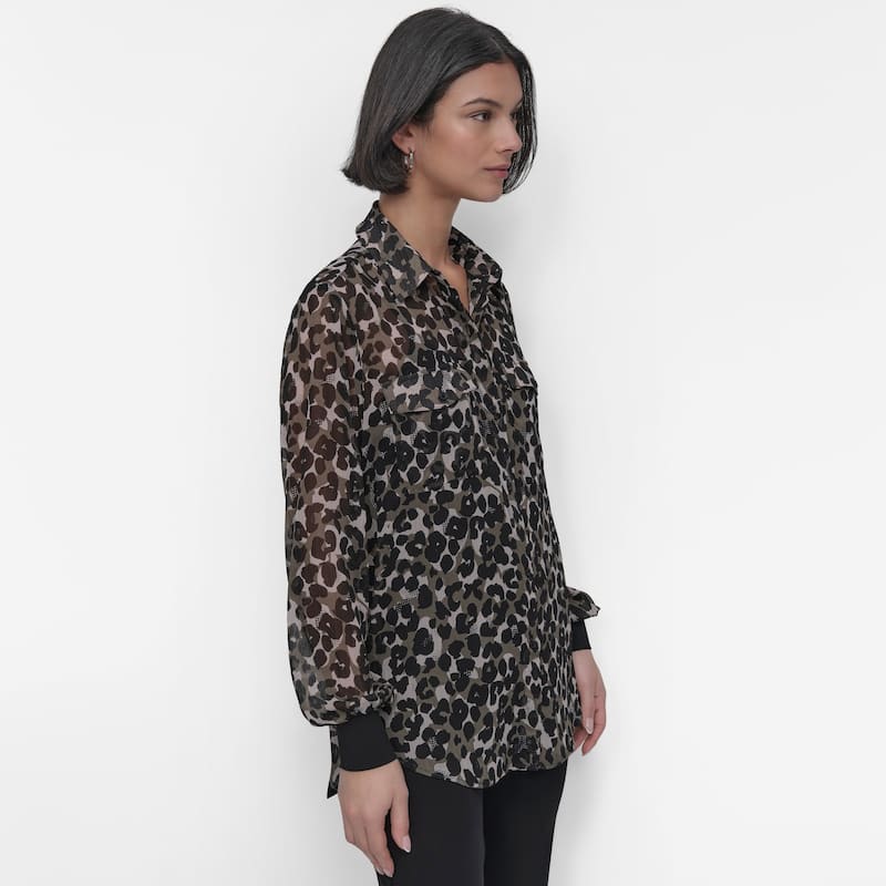 DKNY Lepard Chiffon Button-Down Blouse - XL