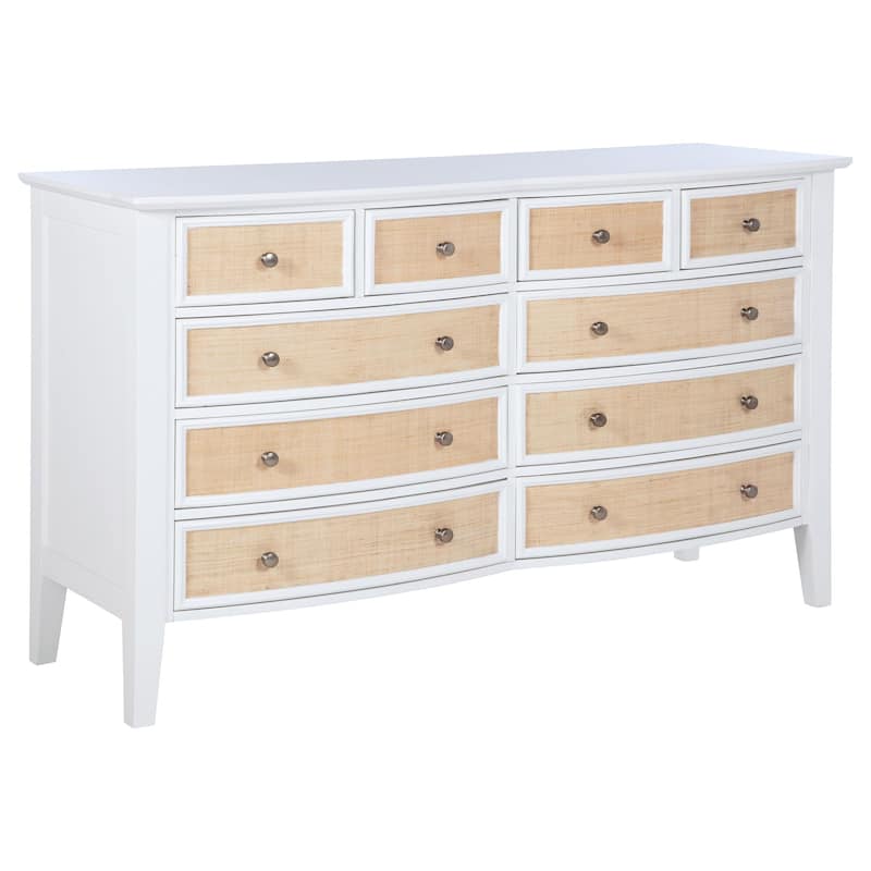 Heo Wide Dresser, 10 Drawers, Rattan Woven Curved Front, White Wood