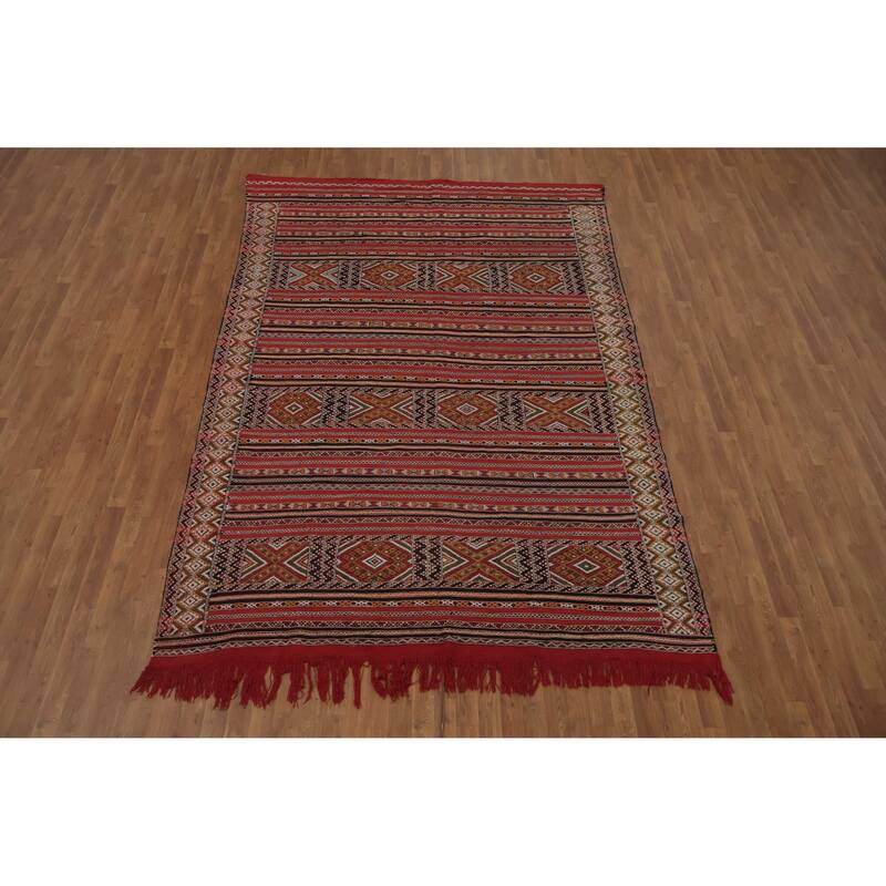 Hand Woven Oriental 100% Wool Carpet Tribal Geometric Red Kilim-Moroccan Area Rug - 11' 0'' X 7' 4''
