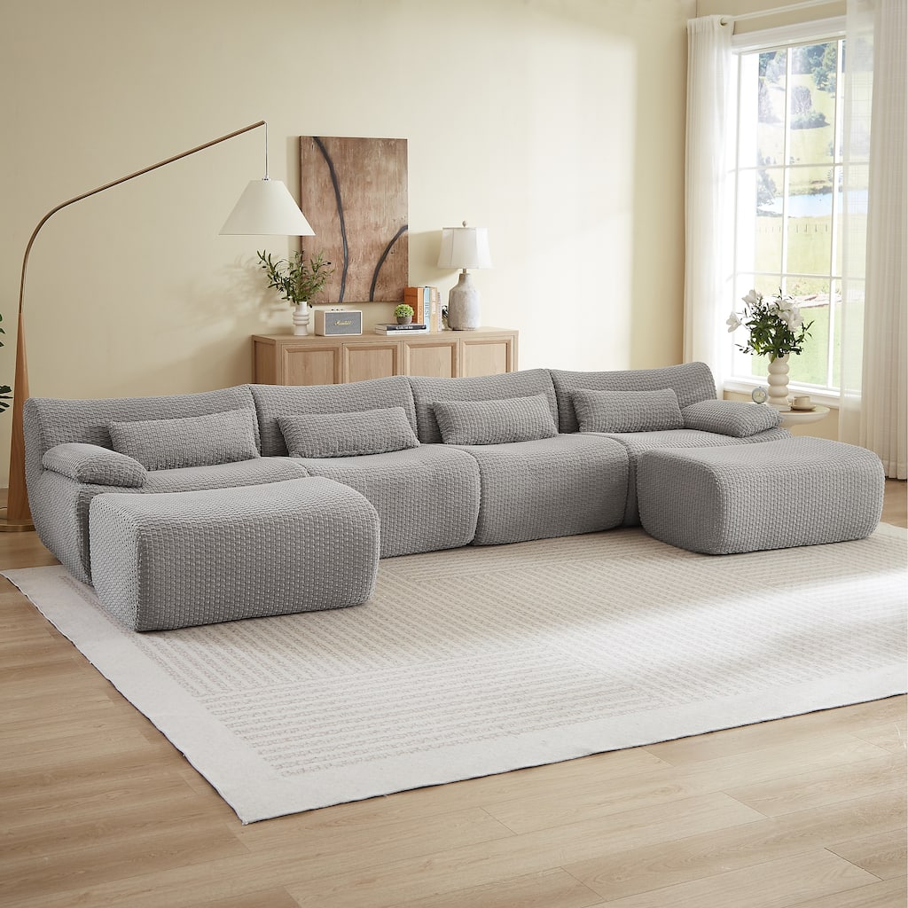 GDFStudio - Cloud Boneless Convertible U-Shaped 141.7" Corduroy Sectional Sofa with 2 Ottomans