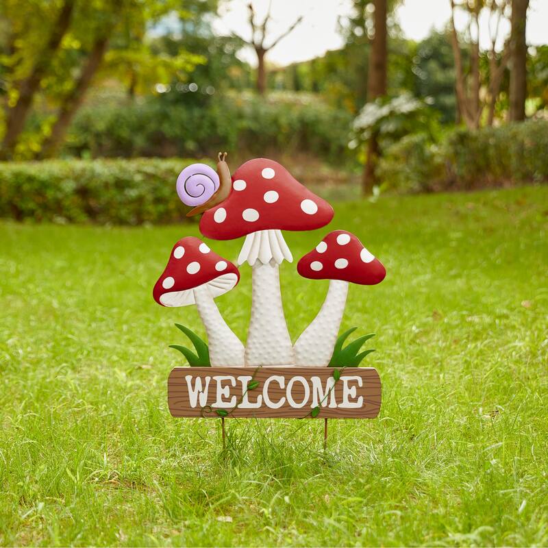 Glitzhome Metal/Wood Frog Stacked Mushroom Welcome Sign Yard Stakes Garden Wall Decor