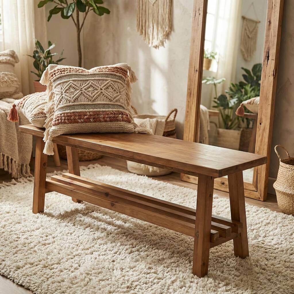 55" Solid Wood Bench, Kitchen Dining Bench, Indoor End of Bed Bench