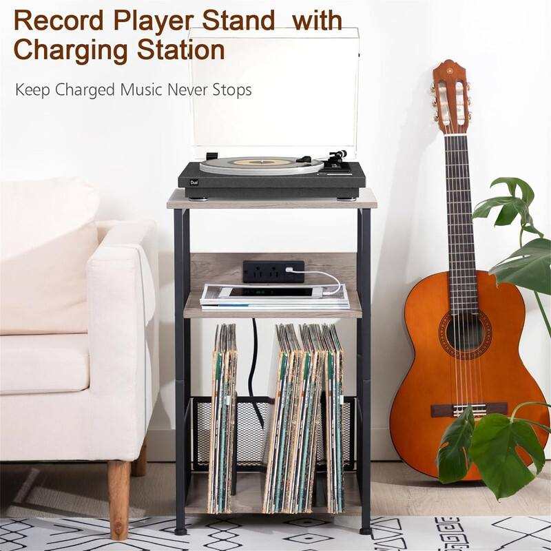 Record Player Stand with Charging Station - 15.75 x 11.41 x 25.59 