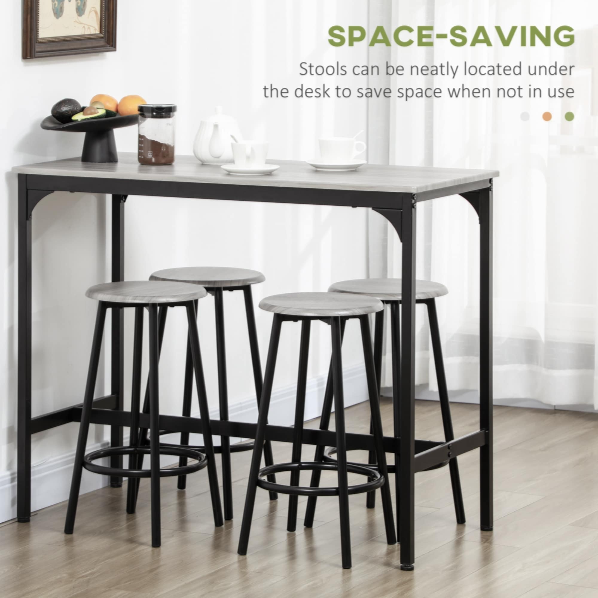 5-Piece Counter Height Bar Table Set, Rustic 43.25" Dining Table with 4 Bar Stools, Dining Room, Gray