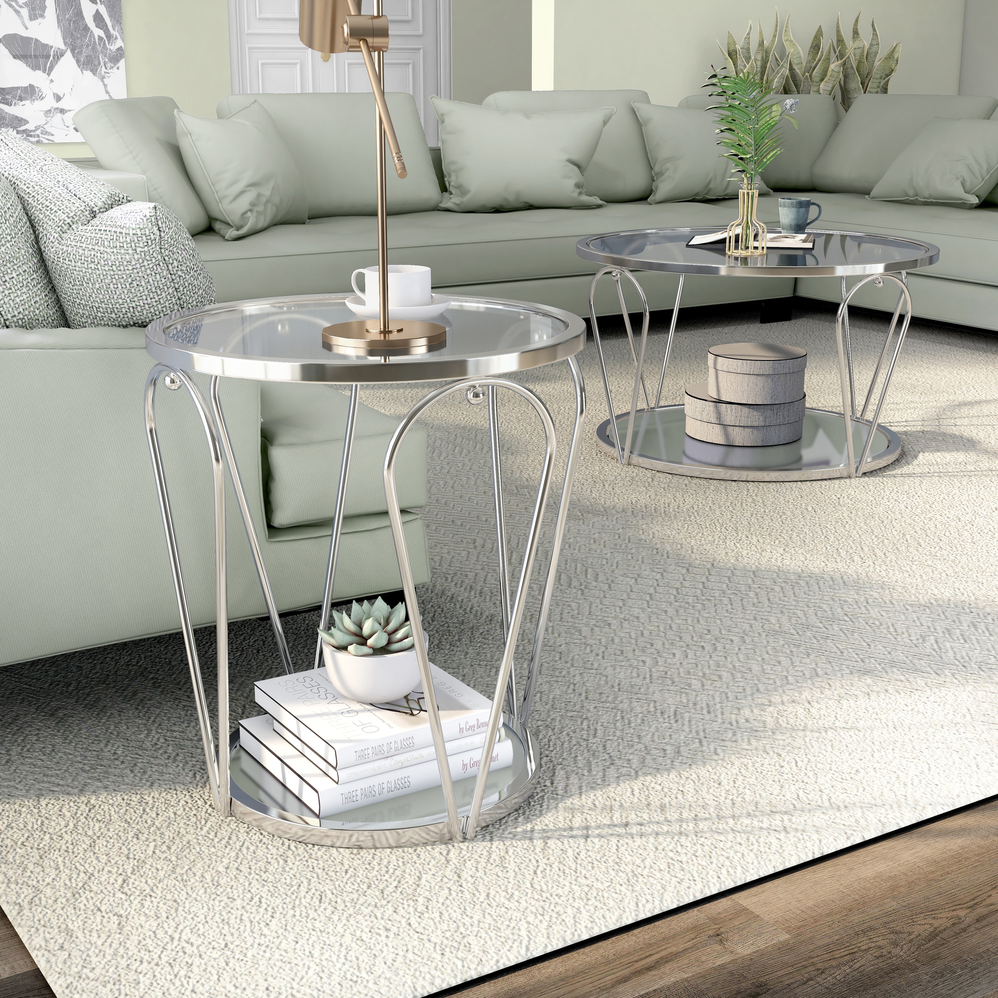 Furniture of America Gable Glam 2-Piece Glass Top Coffee Table Set with Shelf