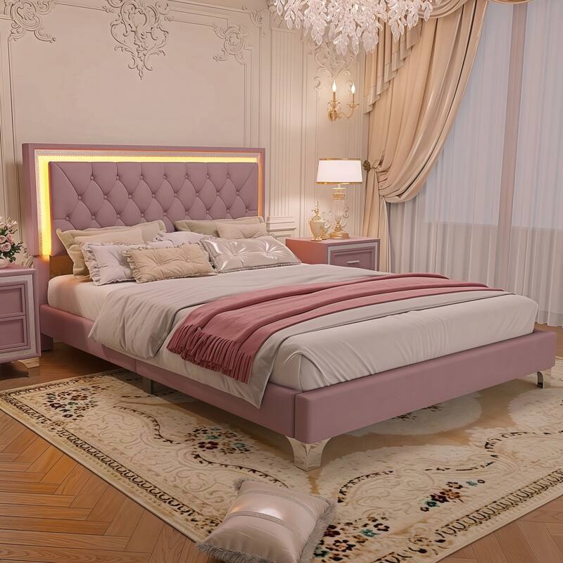 Queen Size Velvet Platform Bed with LED Lights and Tufted Headboard, Pink