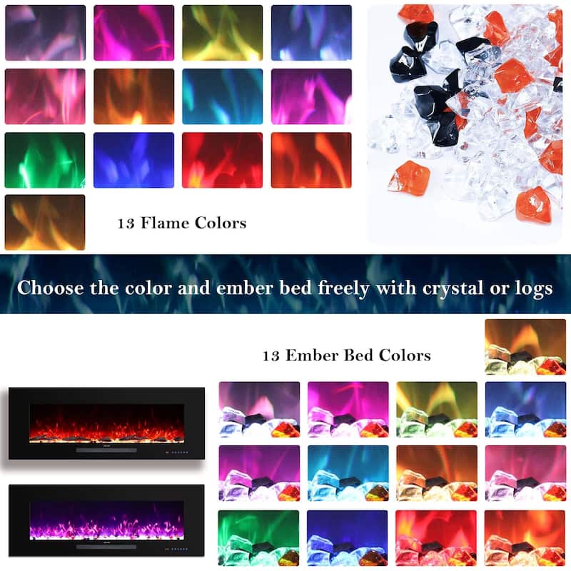 50 in. Wall Mounted and Recessed Electric Fireplace,13 Flame Colors