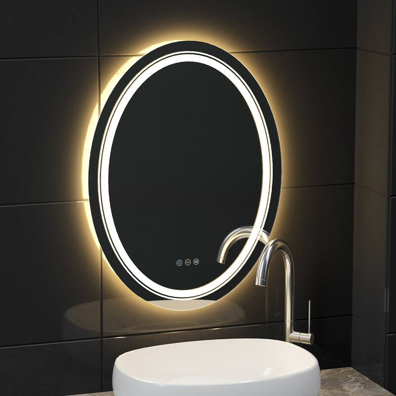 Frameless Oval Wall Mounted LED Bathroom Mirror Anti-Fog Memory - 20X28 Inch - Silver