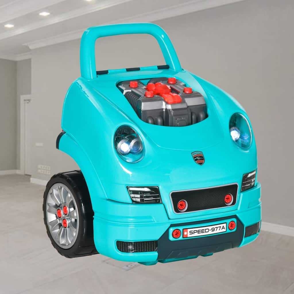 Kids Engine Repair Workshop Toy Set with 61 Pieces, Steering Wheel, Horn, Light, and Simulated Car Engine for Ages 3-5 - Teal
