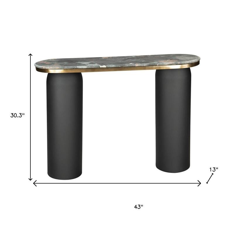 HomeRoots 43" Black and Gold Genuine Marble and Steel Double Pedestal Console Table - 43.00 in. x 30.30 in. x 13.00 in.