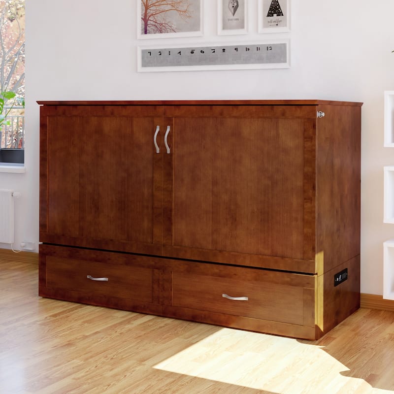 Hamilton Queen Murphy Bed Chest with 6" Mattress, Storage Drawer & Built-In Charger in Walnut