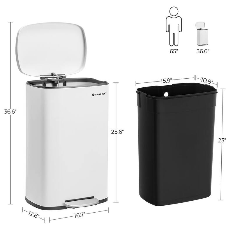 13 Gallon White Kitchen Trash Bin with Sturdy Steel Frame Plastic Inner Bucket and Step Pedal