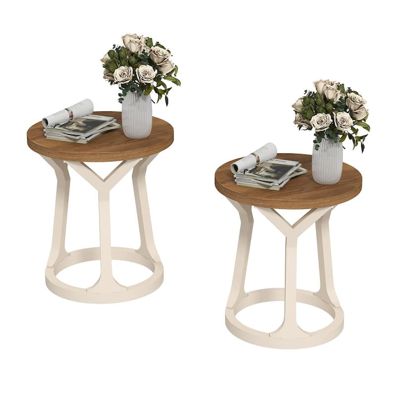 Kinbor Farmhouse End Table - Round Pedestal Side Table, French Country Style Bedroom Side Table