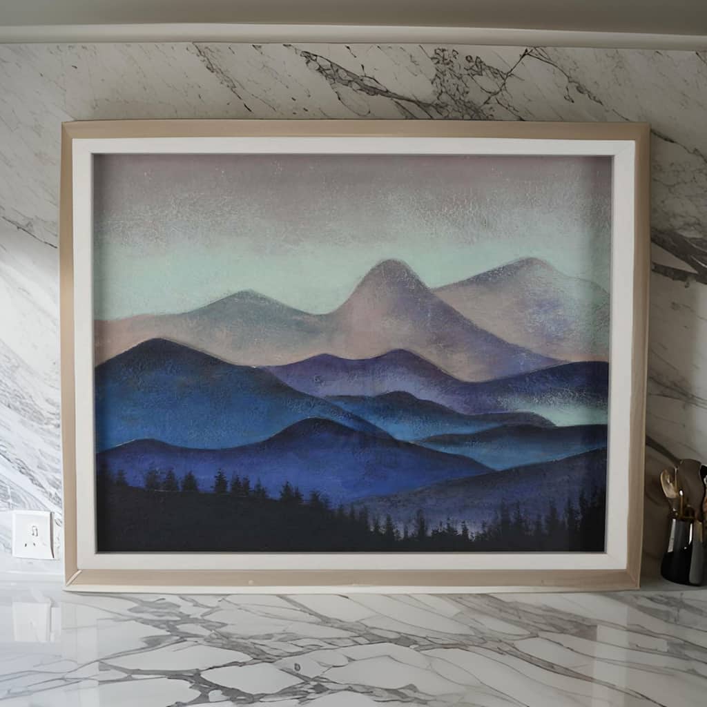 28 x 28 Framed Wall Art Painting, Mountains, Natural Fiber, Multicolor
