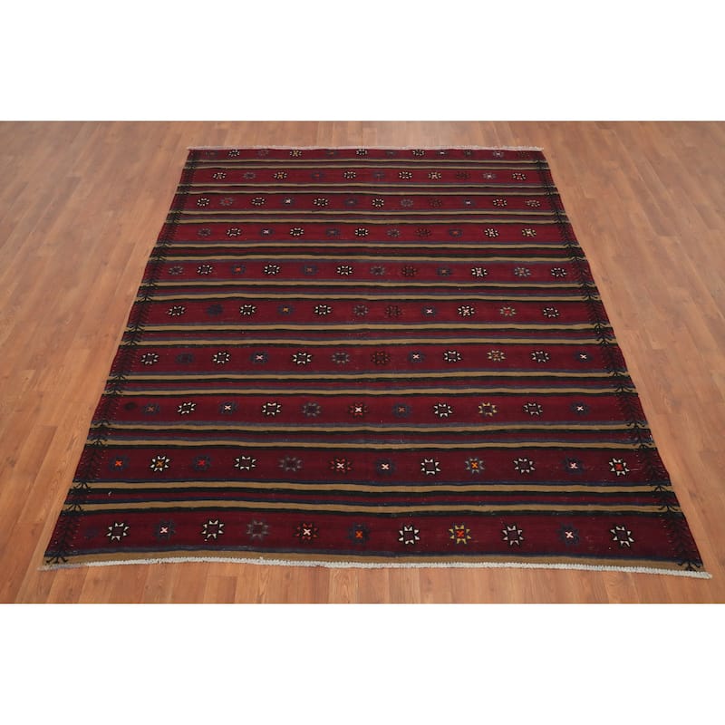 Hand Woven Oriental 100% Wool Carpet Southwestern Tribal Red Kilim Area Rug - 7' 6'' X 6' 1''
