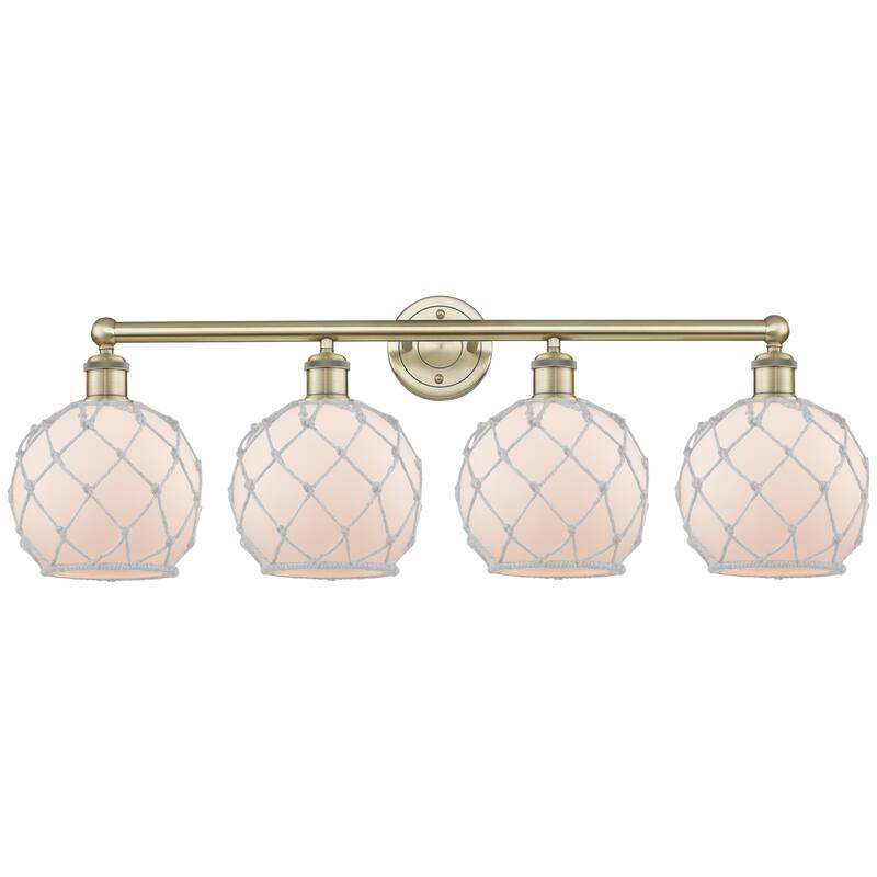 Innovations Lighting Endless Possibilities Edison - Farmhouse Rope - 4 Light 35" Bath Vanity Light - Antique Brass/White Glass with White Rope