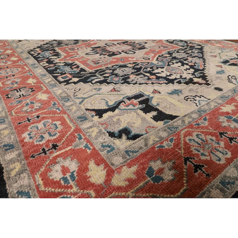 Black Geometric Heriz Serapi Indian Area Rug Hand-Knotted Wool Carpet - 7'11" x 9'9"