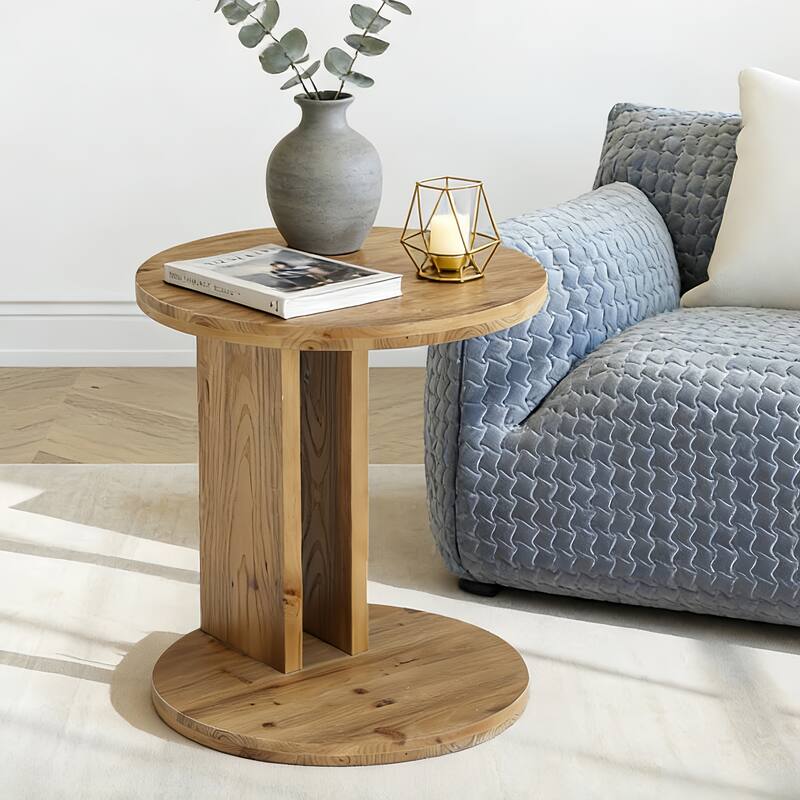 19.68" Round C-Shaped Solid Wood End Table - 2 Packs - Brown
