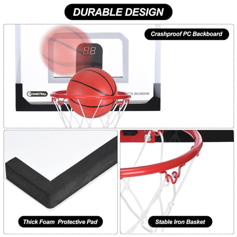 Mini Basketball Hoop 16"x12" Door Set with LED Light Electronic Scoreboard