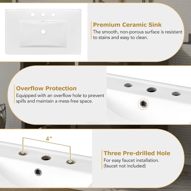 30" Modern Bathroom Vanity with Ceramic Sink, 3 Drawers, 1 Soft-Close Door, Solid Wood Frame