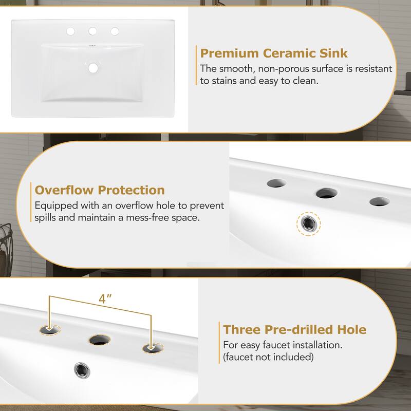 Single Sink Bathroom Vanity Cabinet, Vanity Base & Ceramic Sink Combo Set, 3 Drawers Bathroom Storage Cabinet, 30 Inch