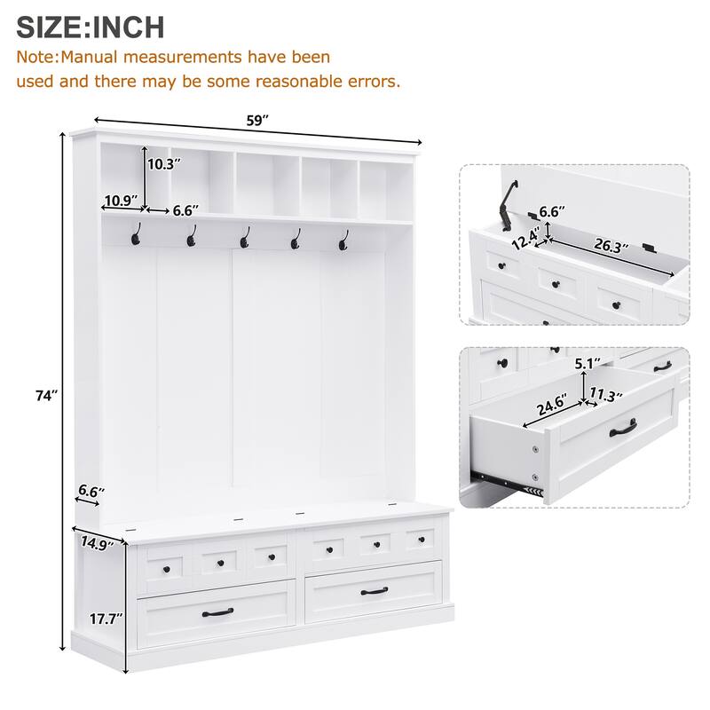 59 in Hall Tree with Lift-Top Bench, 5 Hooks, 2 Drawers, Entryway Coat & Shoe Organizer, 74 in H